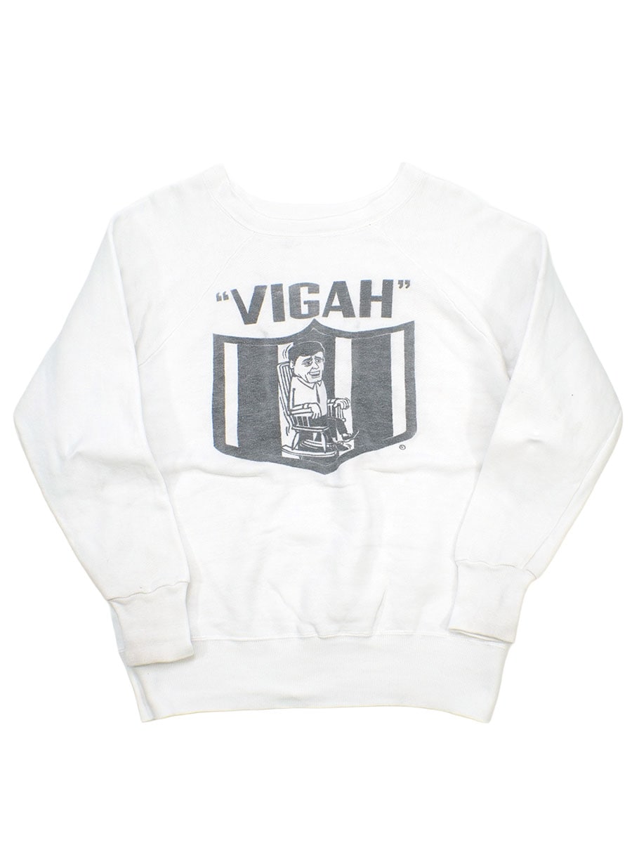 60's ''VIGAH'' 染み込みプリント ラグランスリーブ スウェット ホワイト 実寸(L位)