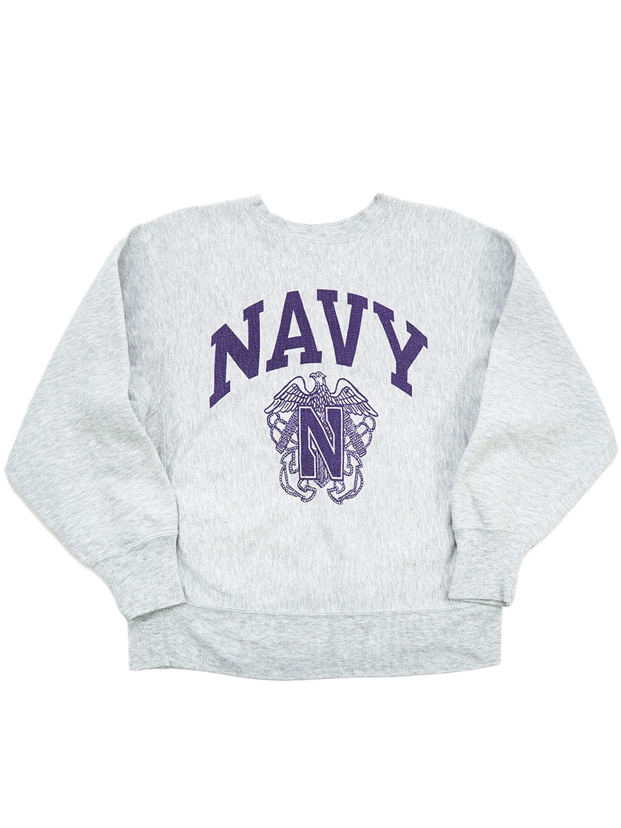 80's プリントタグ チャンピオン RWクルー ''NAVY'' パープル染み込み