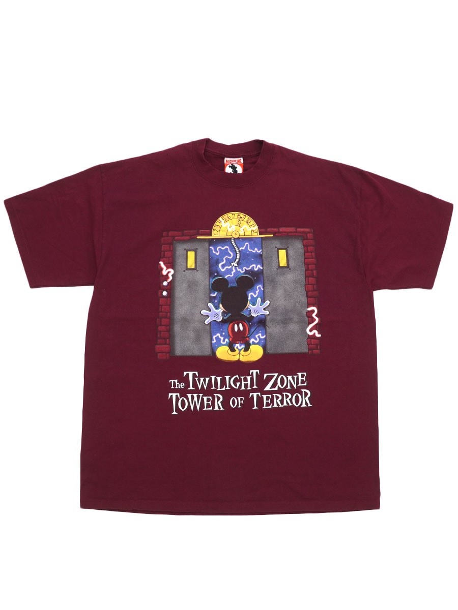 00's MICKEY INC. ''The Twilight Zone Tower of Terror'' バーガンディ 両面プリントTシャツ 実寸(XL位)