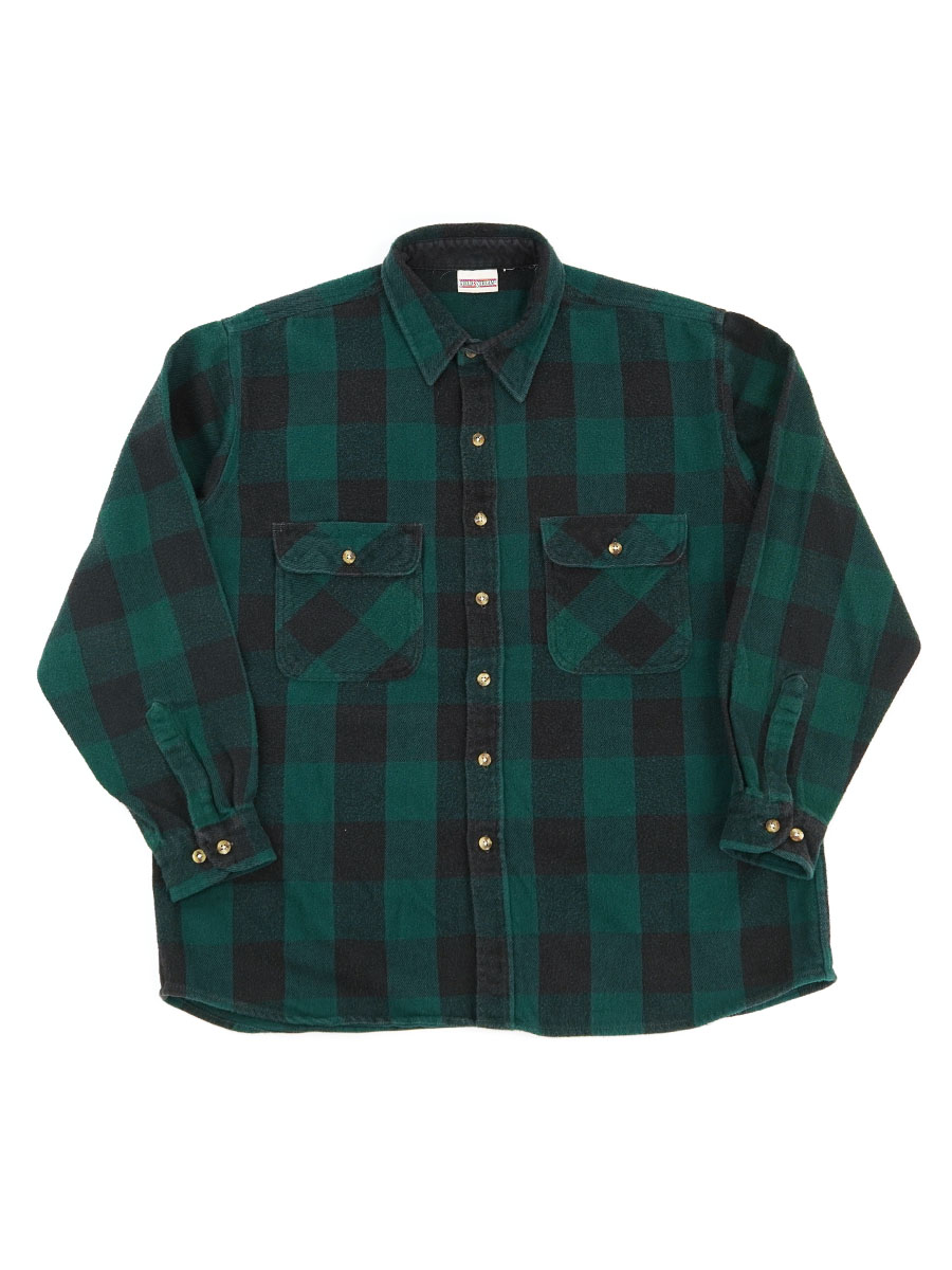 90'S FIELD&STREAM 黒×緑 ブロックチェック フランネルシャツ 実寸(XL