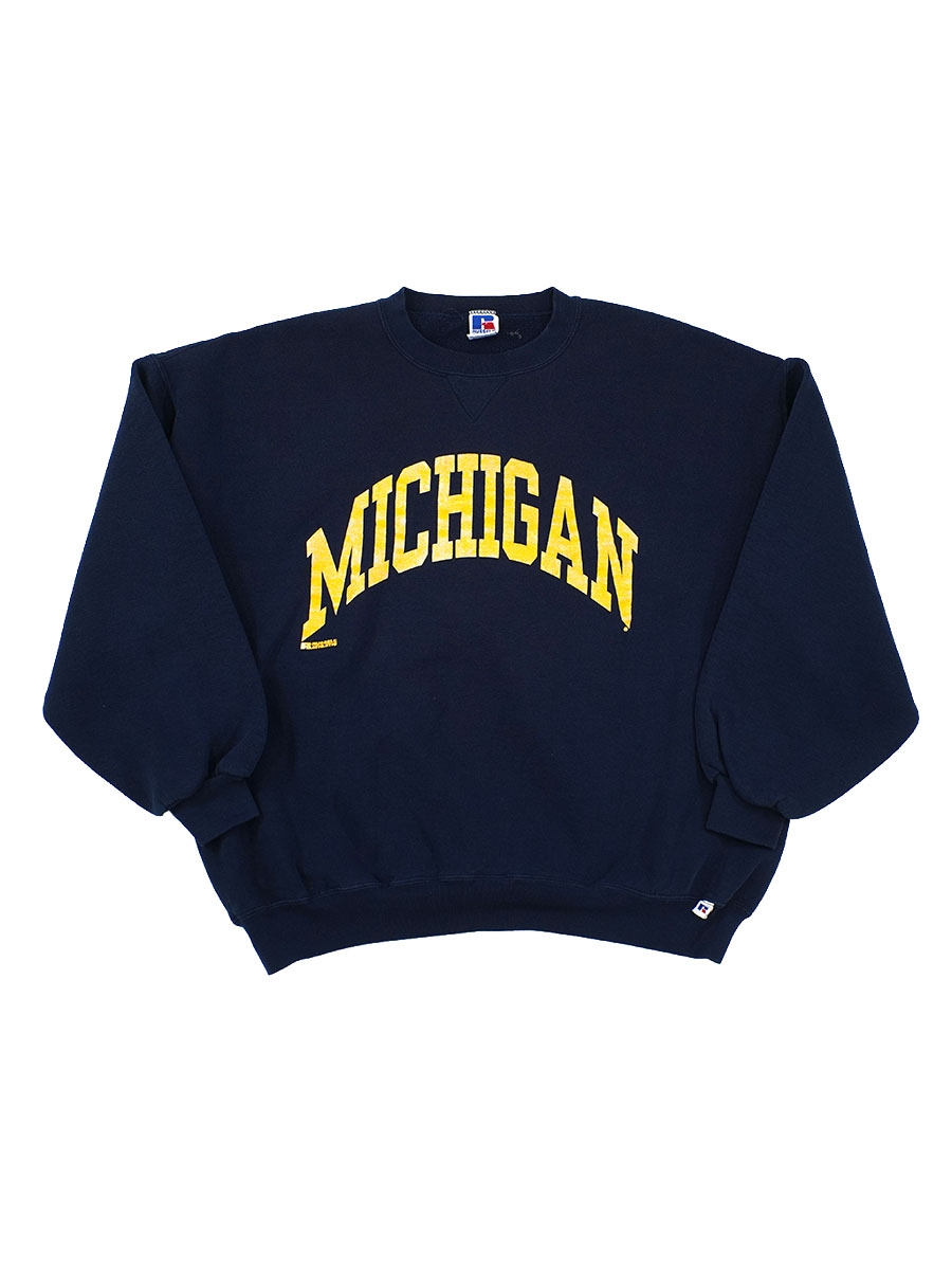 90's RUSSELL ATHLETIC ''MICHIGAN'' 前Vスウェット ネイビー 表記(XXL