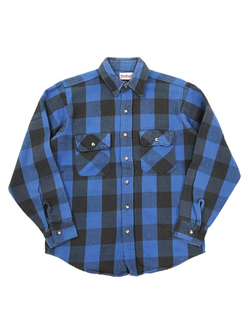 90's Wear Guard 黒×青 ブロックチェック フランネルシャツ 実寸(L位