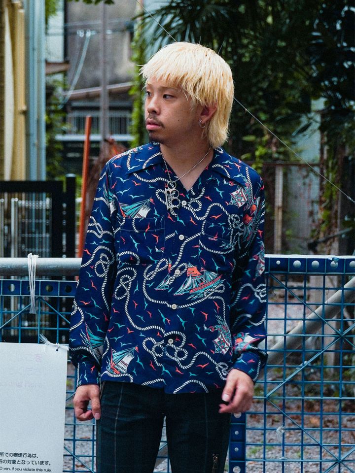 50's TOOKE Playday ロープ&ヨット柄 L/S レーヨンハワイアンシャツ