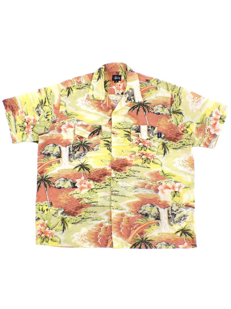 90's～ STUSSY 100%コットン ループカラー ショートスリーブシャツ 総柄 表記(L) USA製