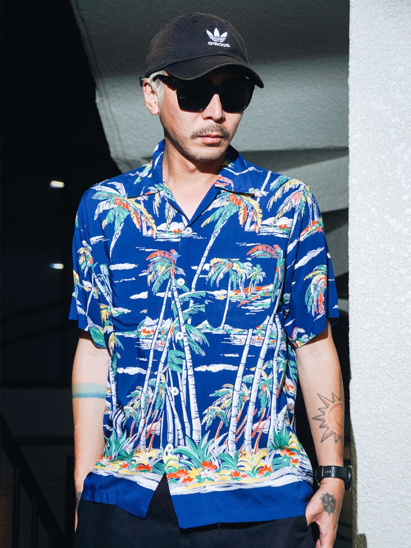 50's KAHANAMOKU ホリゾンタル柄  ループカラー S/S レーヨンハワイアンシャツ ネイビー 表記(M)