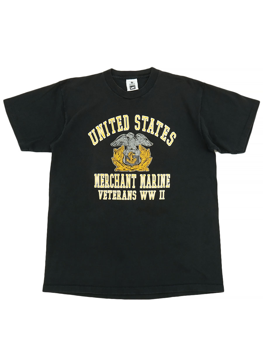 90's Lee ''US MERCHANT MARINE'' 4段プリント 100%コットン Tシャツ 黒 表記(L) USA製