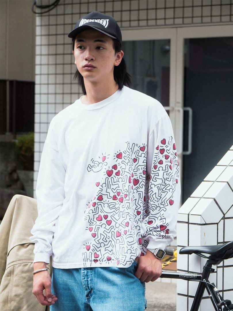 90's Hanes キース・へリング 袖プリント入り L/S Tシャツ ホワイト 表記(XL)