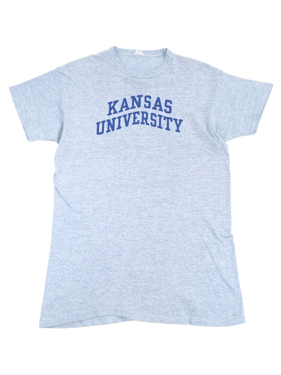 60's ランタグ チャンピオン ''KANSAS UNIVERSITY'' 染み込みプリント Tシャツ 青霜降り 表記(XL)