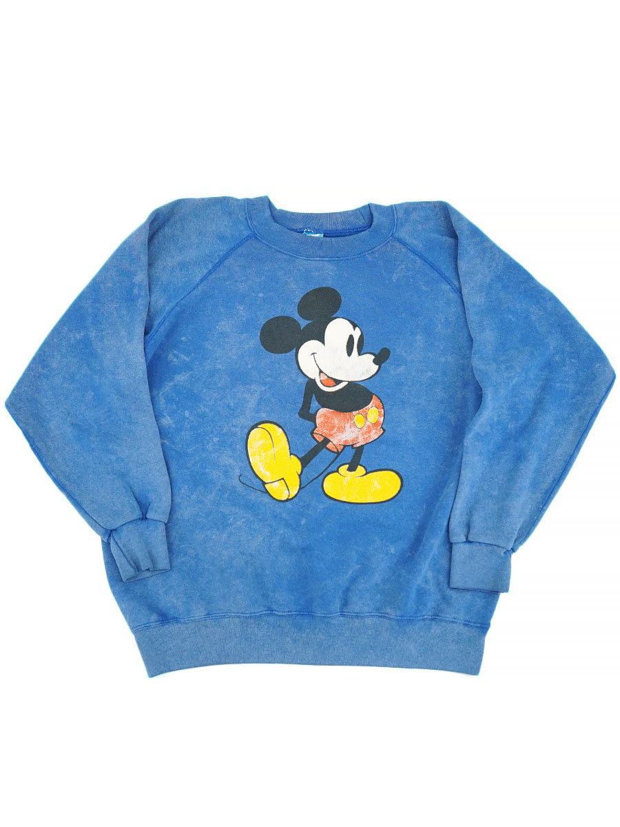 80's Disney ミッキーマウス スウェット レアカラー ブルー ブリーチ 表記(ONE SIZE FITS ALL) USA製