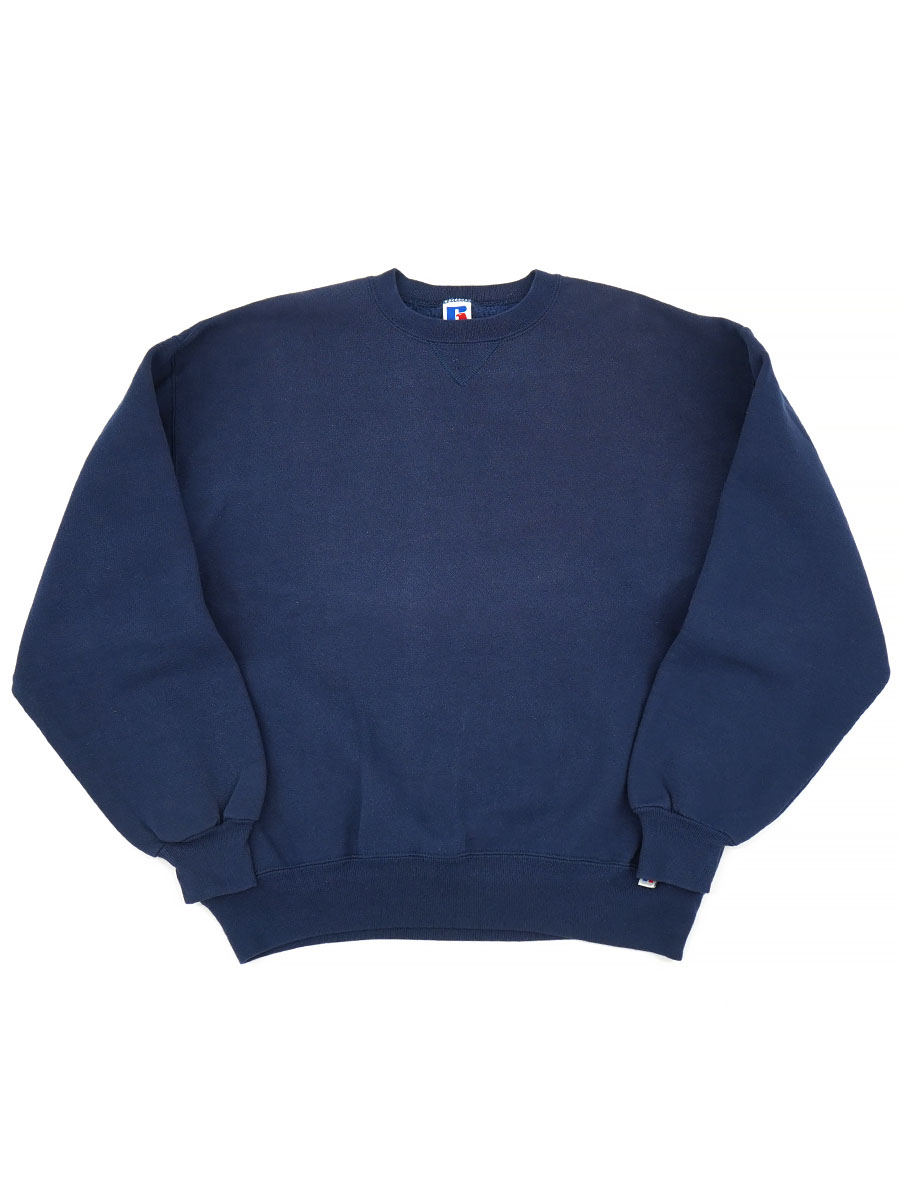 90's RUSSELL ATHLETIC 前V 無地スウェット ネイビー 表記(XL) USA製 ①