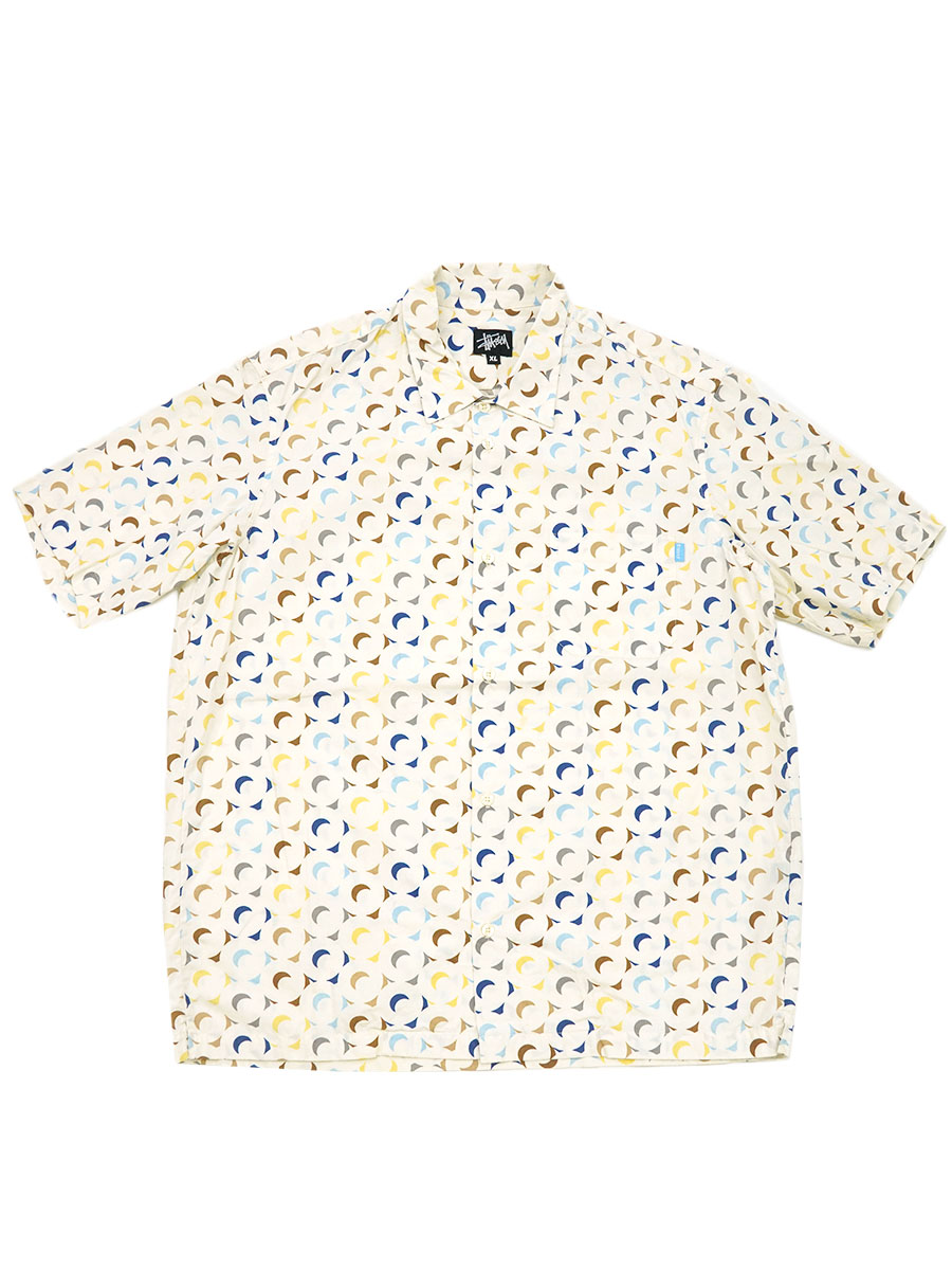 90's～ STUSSY 100%コットン アトミック柄 半袖シャツ 表記(XL)