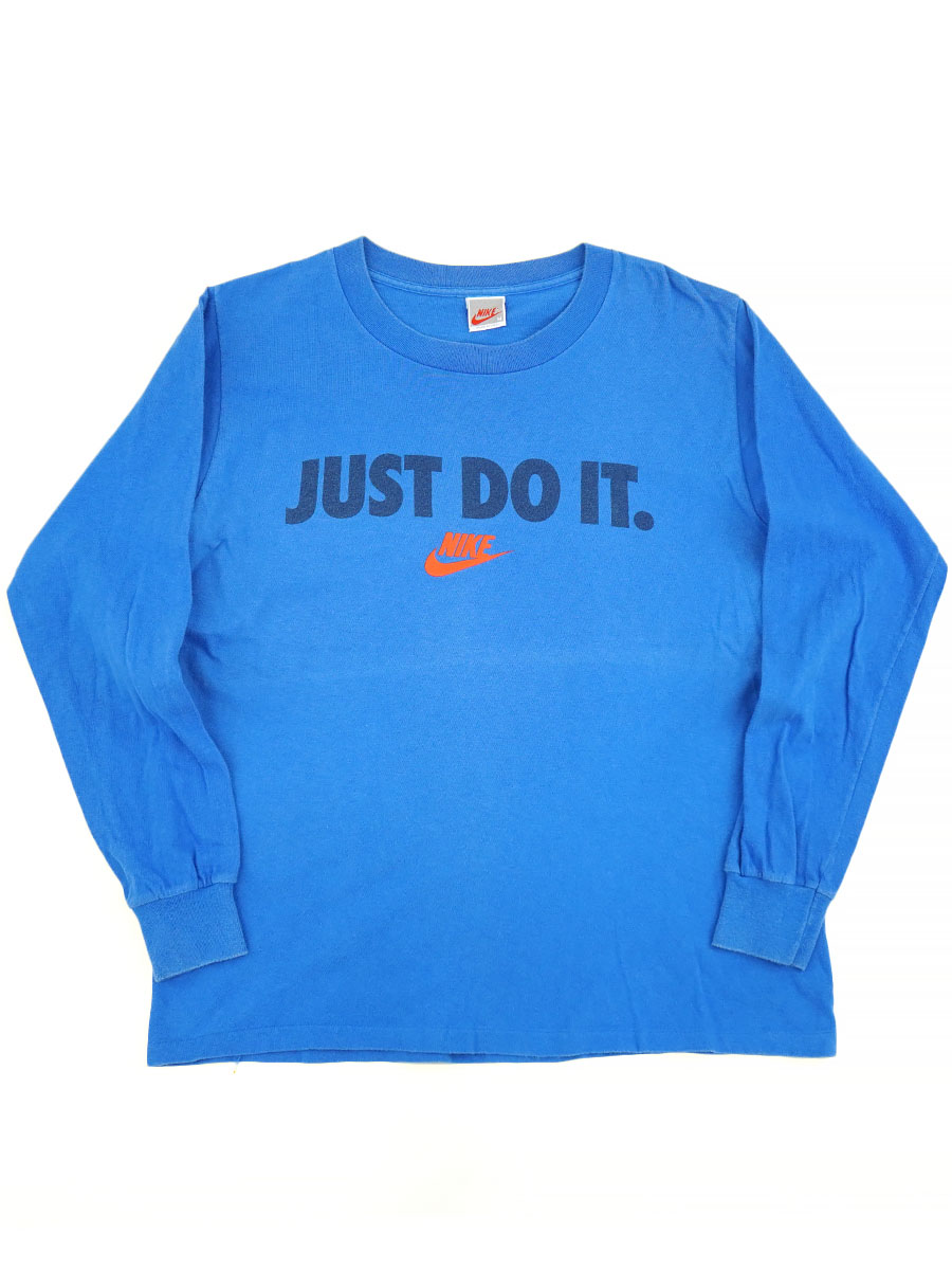 90's NIKE ''JUST DO IT'' ロングスリーブTシャツ 青ボディ 表記(M) USA製