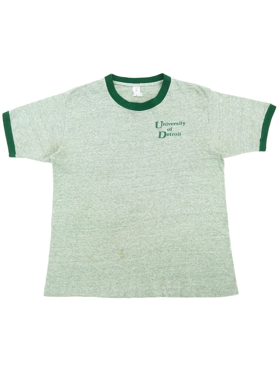 60's Velva Sheen ''University of Detroit'' 染み込みプリント リンガーTシャツ 霜降りグリーン 実寸(L位)