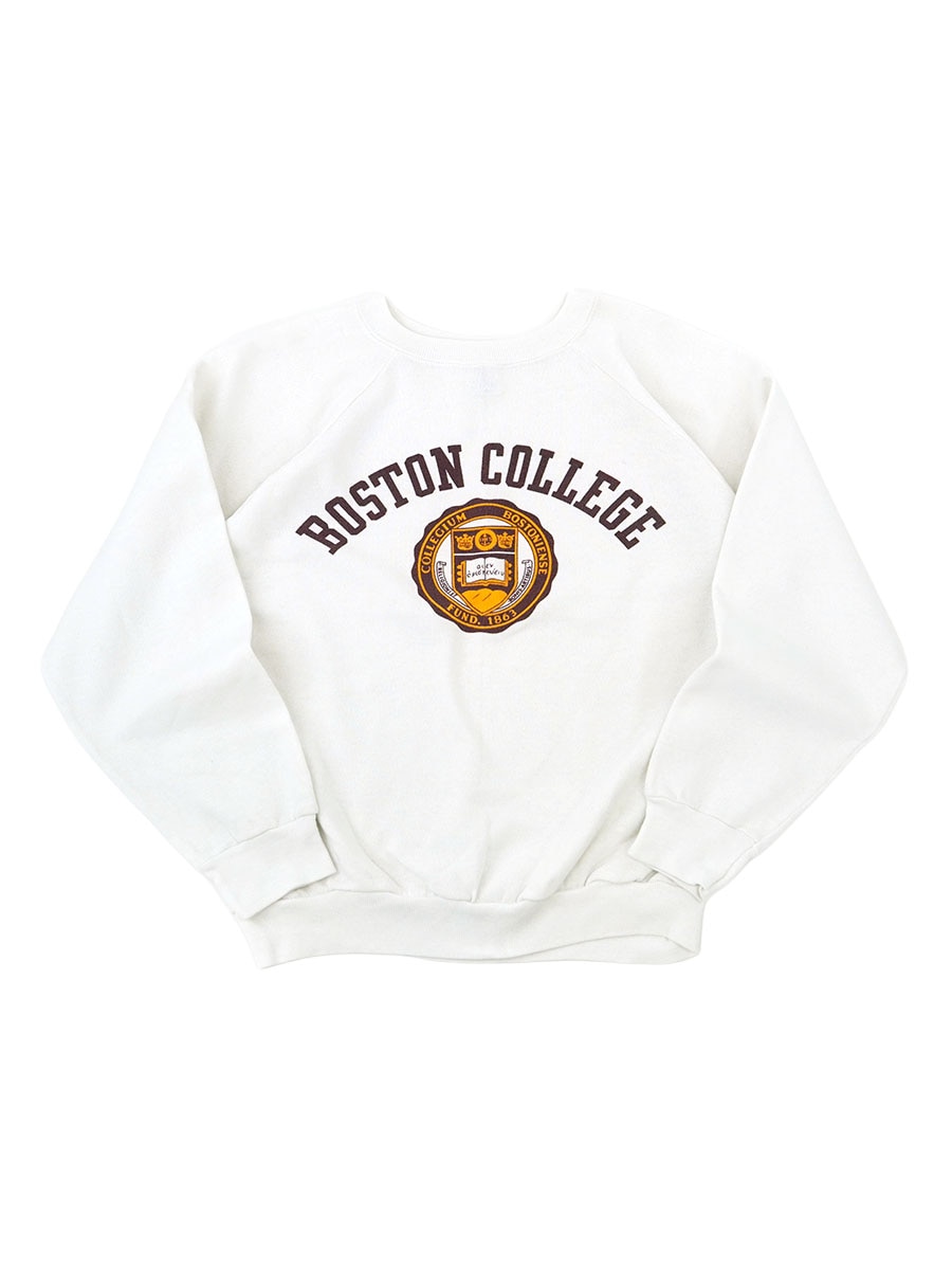 80's トリコタグ チャンピオン ''BOSTON COLLEGE'' 染み込みプリント ラグランスウェット ホワイト 表記(L) USA製