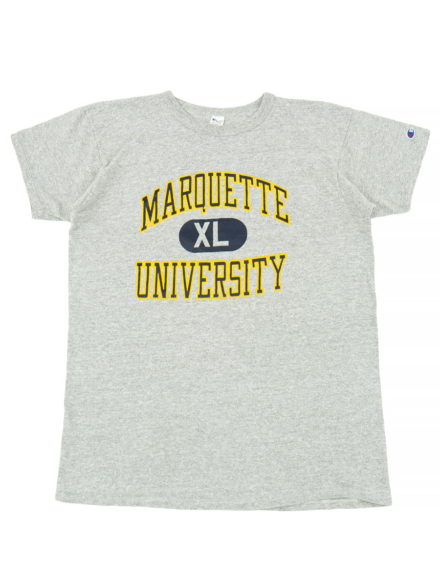 80's トリコタグ チャンピオン ''MARQUETTE UNIVERSITY'' 3段プリント 霜降りTシャツ 表記(XL)