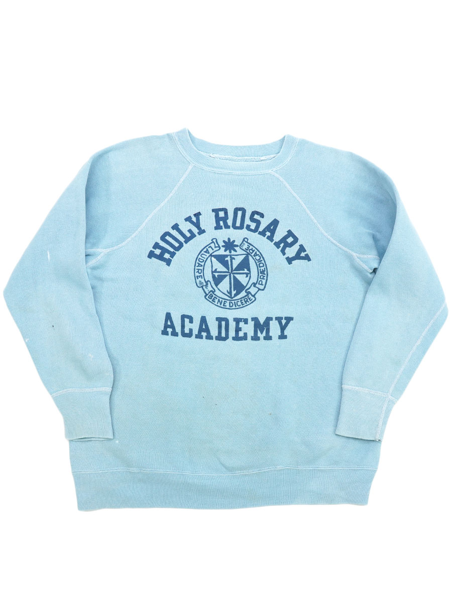 60's ''HOLY ROSARY ACADEMY'' ラグランスウェット 3段プリント スカイブルー 実寸(M位)