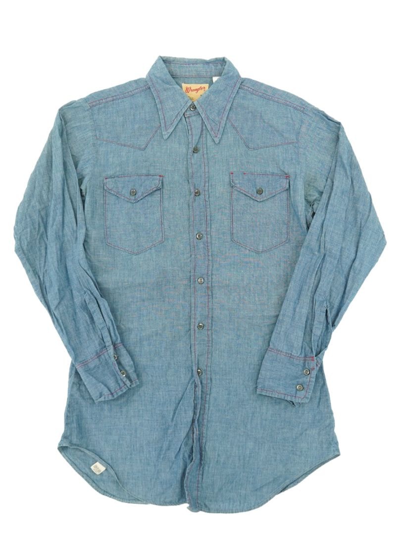 70's Wrangler シャンブレーシャツ 赤ステッチ 表記(M) USA製  