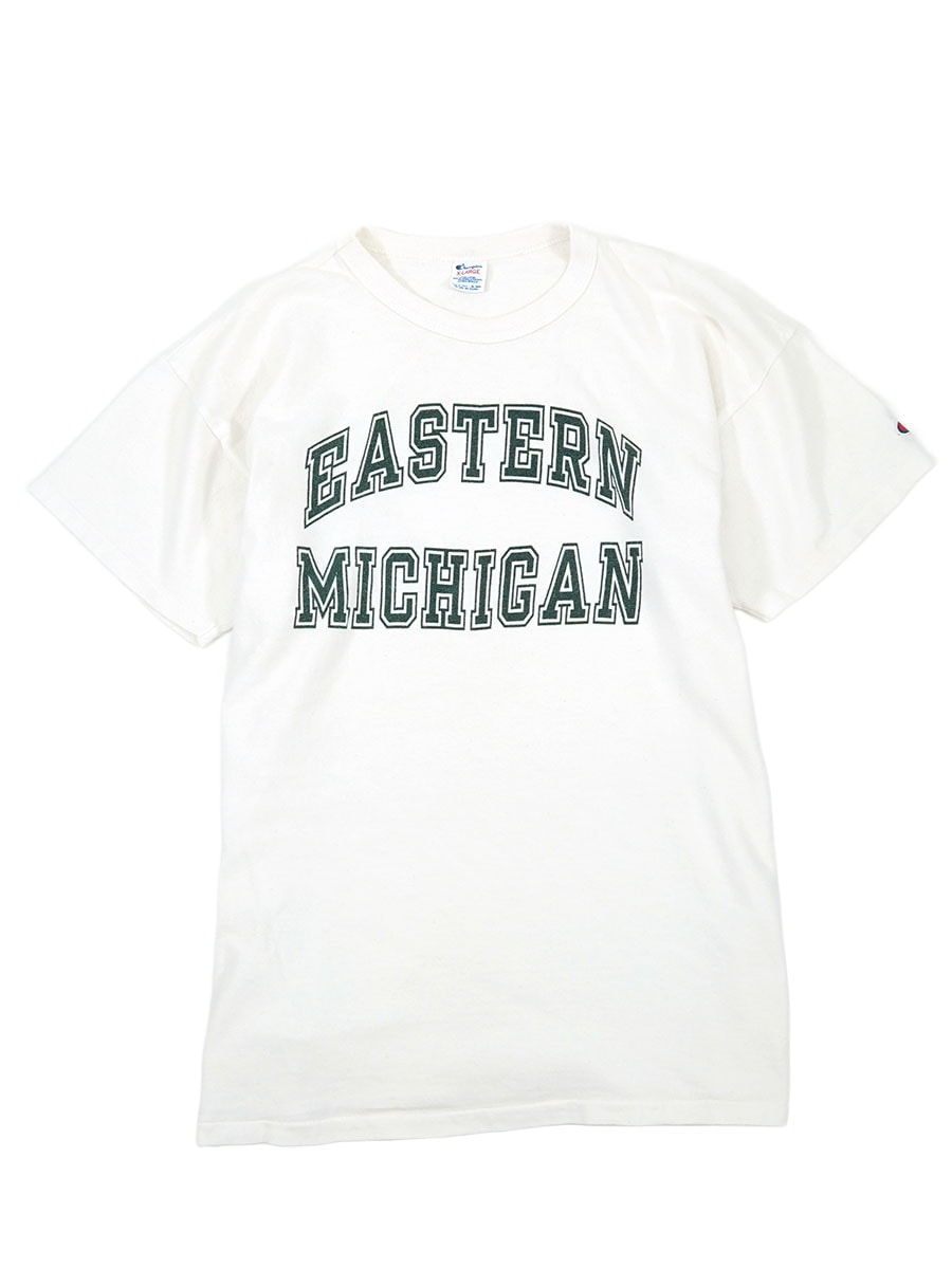 80's チャンピオン ''EASTERN MICHIGAN'' 染み込みプリント Tシャツ 白 表記(XL)