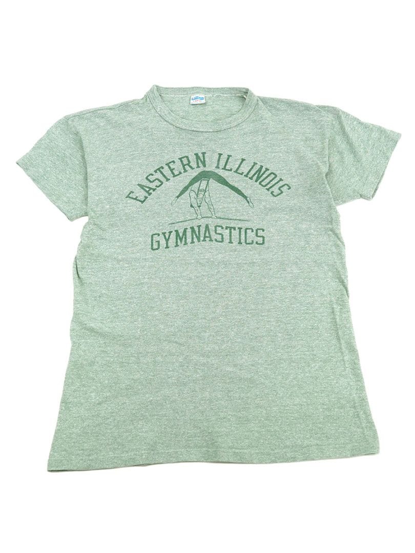 70's バータグ チャンピオン ''EASTERN ILLINOIS GYMNASTICS'' 染み込み3段プリント Tシャツ 霜降りグリーン 表記(L)