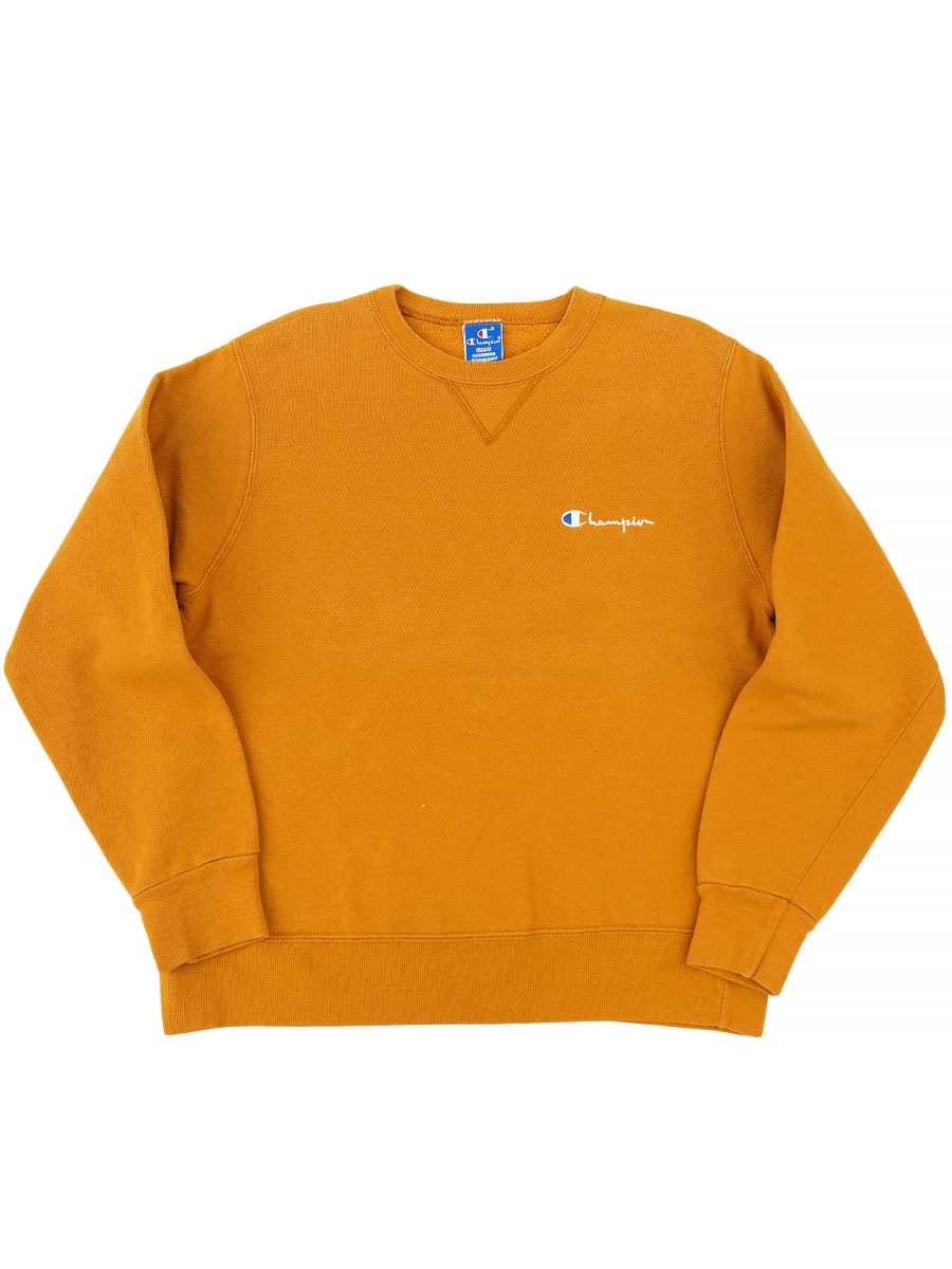 90's 青刺繍タグ チャンピオン スクリプトロゴ 前Vスウェット 黄土色 表記(L) USA製
