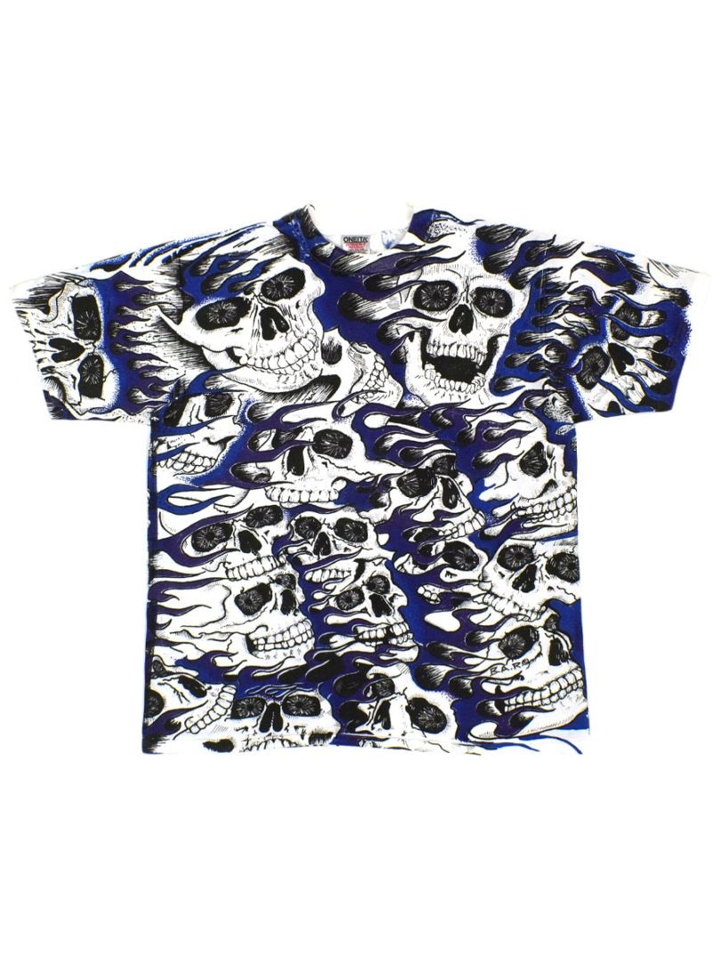 90's ONEITA スカルオールオーバープリント Tシャツ 表記(XL)