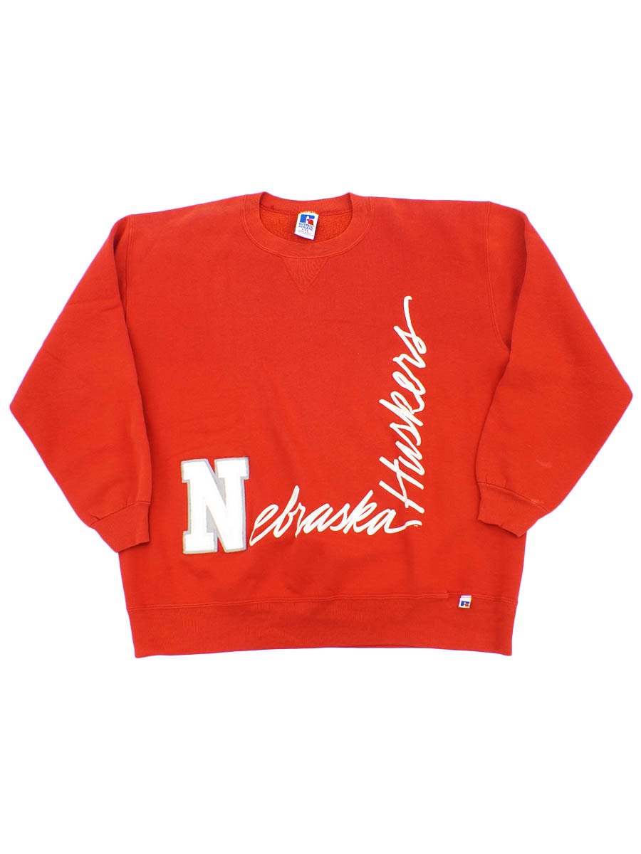 90's RUSSELL ATHLETIC ''Nebraska Huskers'' 貼り付けロゴ 前Vスウェット 赤 表記(XXL) USA製