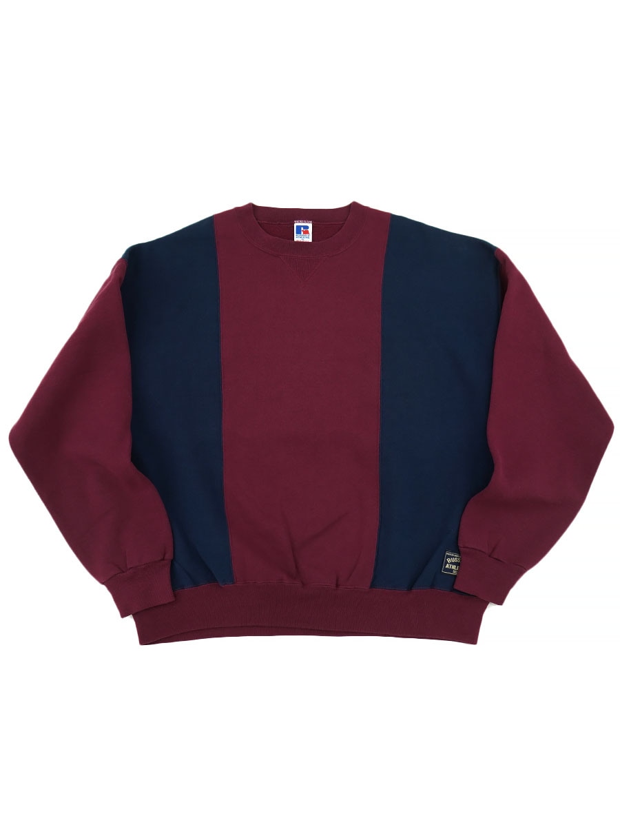 90's RUSSELL ATHLETIC 前V 切り替え 無地スウェット 紺×エンジ 表記