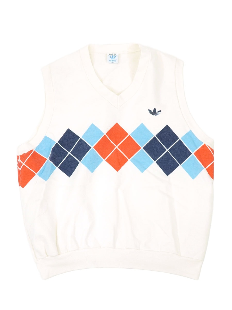 80's adidas アーガイル柄 スウェットベスト ホワイト 表記(L) USA製