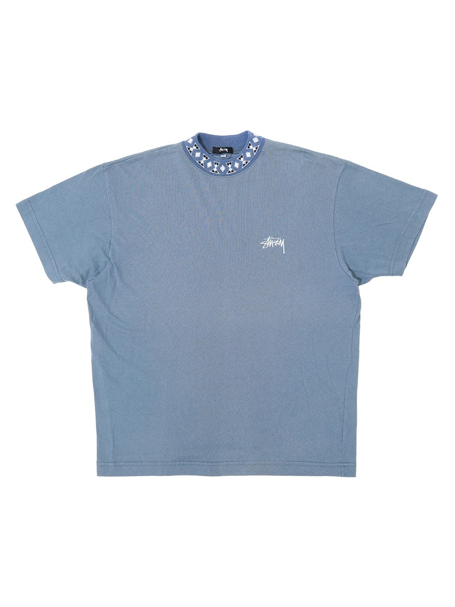 80's STUSSY モックネック ネイティブ柄 Tシャツ スレートブルー 表記
