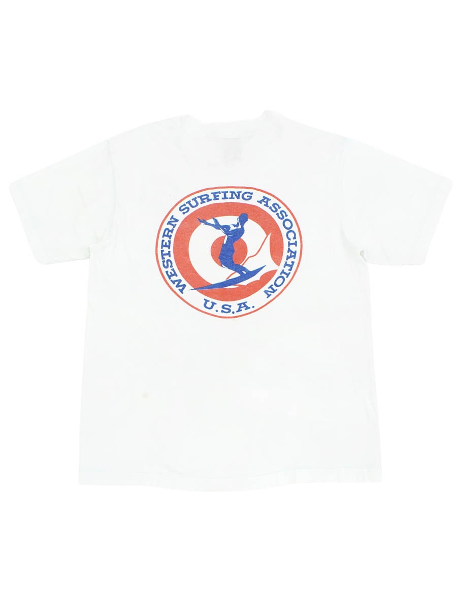 80's Anvil ''WESTERN SURFING ASSOCIATION U.S.A.'' 両面プリント ポケットTシャツ 実寸(M位)