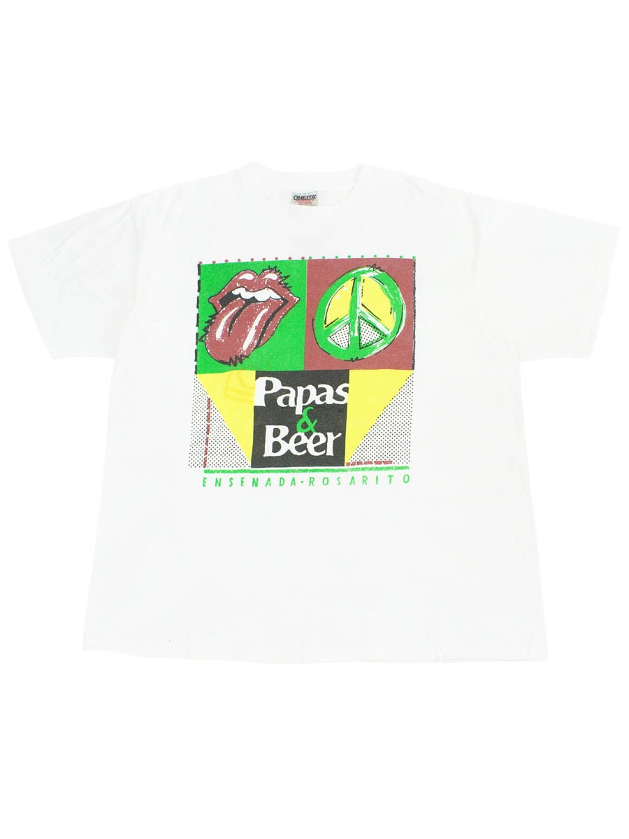 90's ONEITA ''Papas & Beer'' ピースマーク/リップ&タン 両面プリントTシャツ 表記(XL)