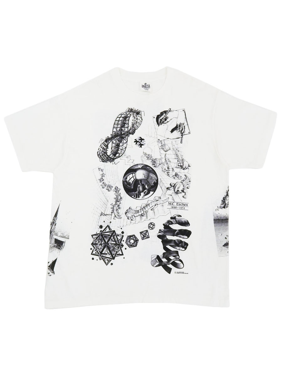 90's ANDAZIA M.C.エッシャー マルチプリント Tシャツ ホワイト 表記