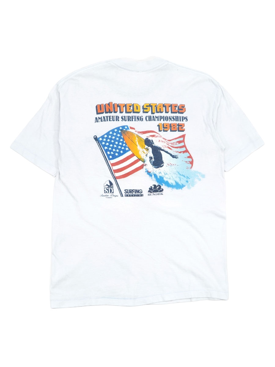 80's BELTON ''AMATEUR SURFING CHANPIONSHIPS 1982'' 両面プリント ポケットTシャツ ライトブルー 表記(L) USA製