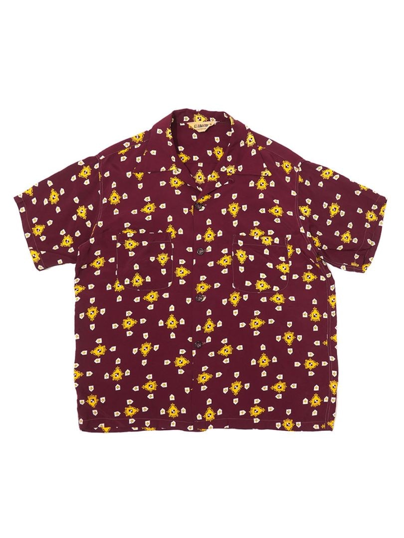 50's CLADRITE ループカラー 総柄 S/S レーヨンシャツ バーガンディ 表記(M)