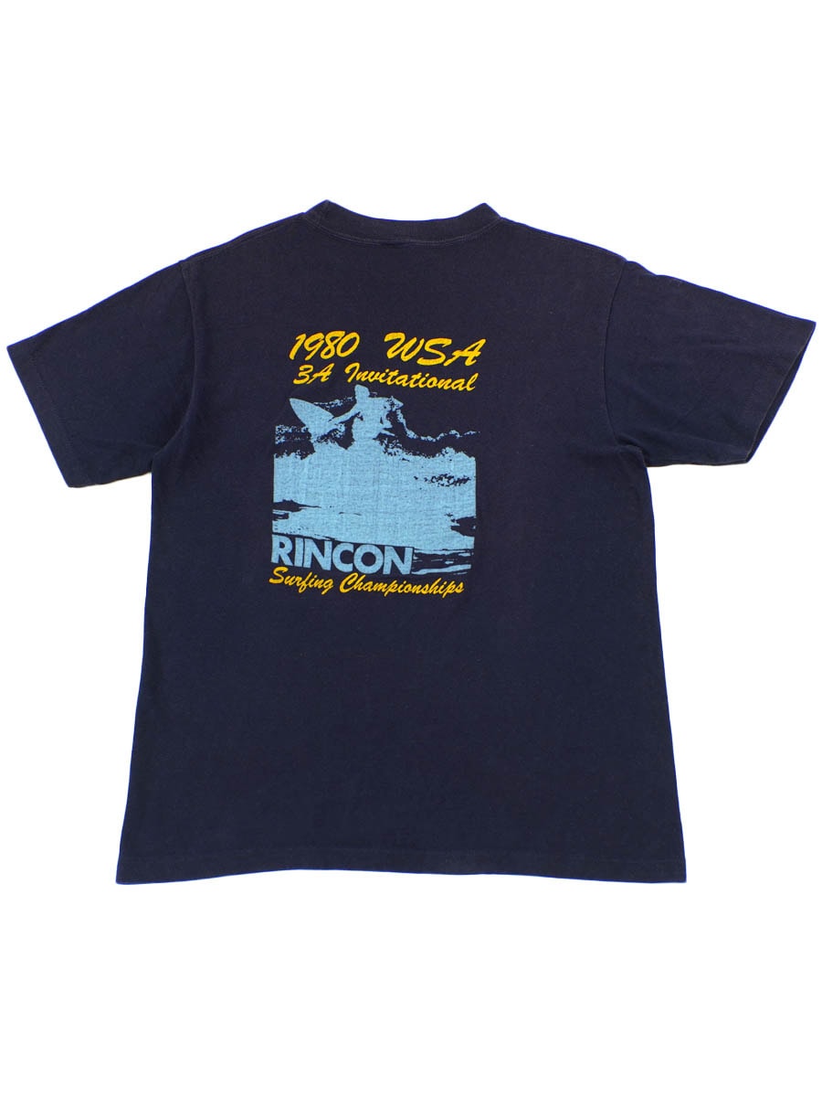 80's Anvil ''RINCON 1980 WSA 3A Invitational Surfing Championships'' 両面プリント ポケットTシャツ ネイビー 表記(L)