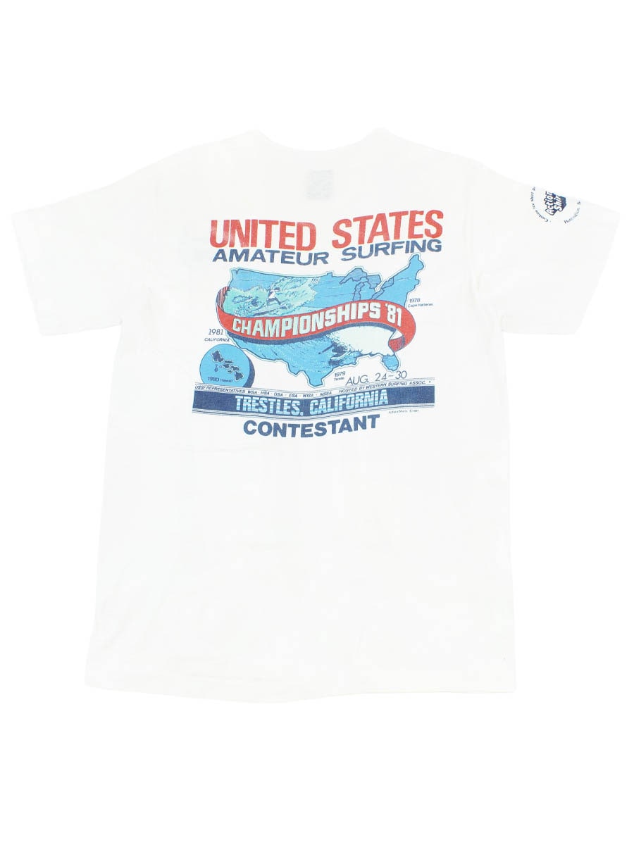 80's Anvil ''UNITED STATES AMATEUR SURFING CHAMPIONSHIPS '81'' 両面プリント ポケットTシャツ 表記(L)