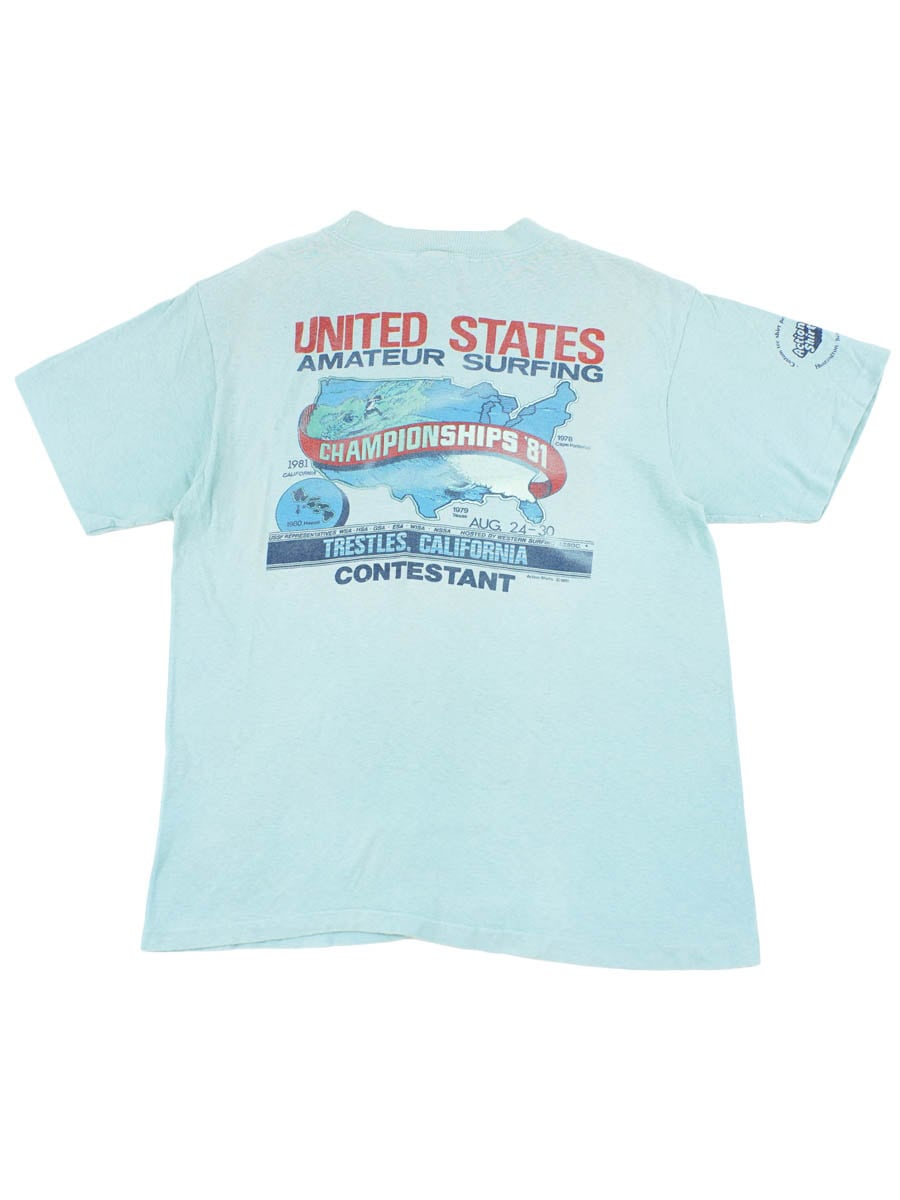 80's Anvil ''UNITED STATES AMATEUR SURFING CHAMPIONSHIPS '81'' 両面プリント ポケットTシャツ ライトブルー 表記(L)
