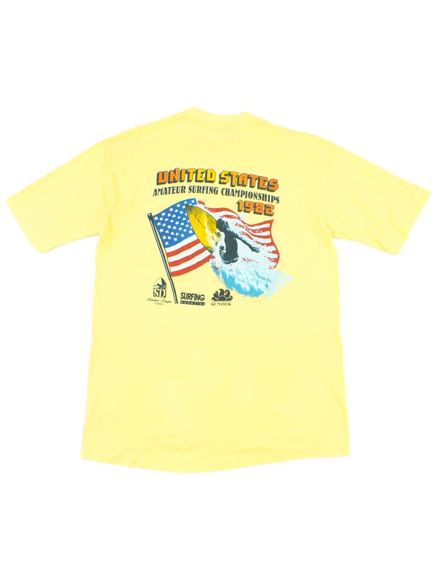 80's BELTON ''UNITED STATES AMATEUR SURFING CHAMPIONSHIPS 1982'' 両面プリント ポケットTシャツ ライトイエロー 表記(L)