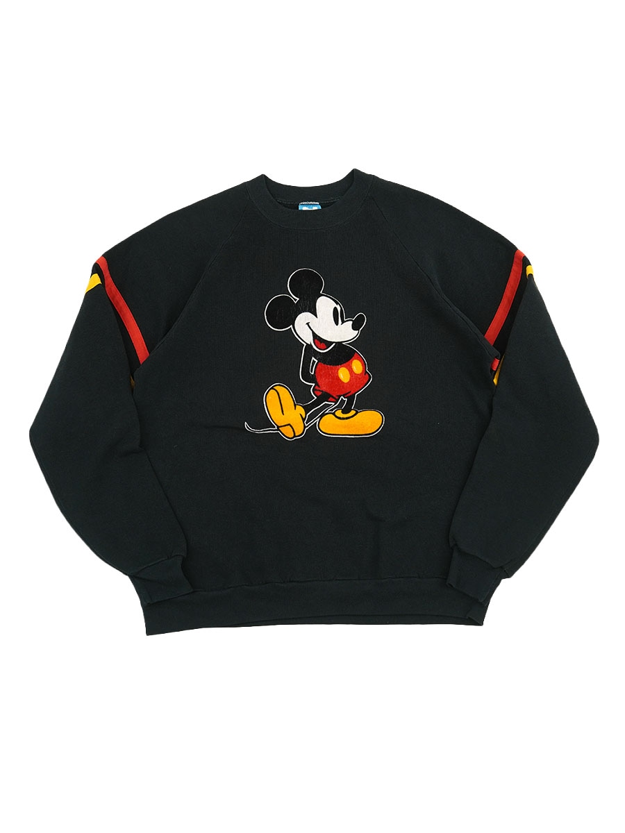 80's Disney ミッキーマウス フェルトプリント 袖ライン スウェット 表記(XL) USA製
