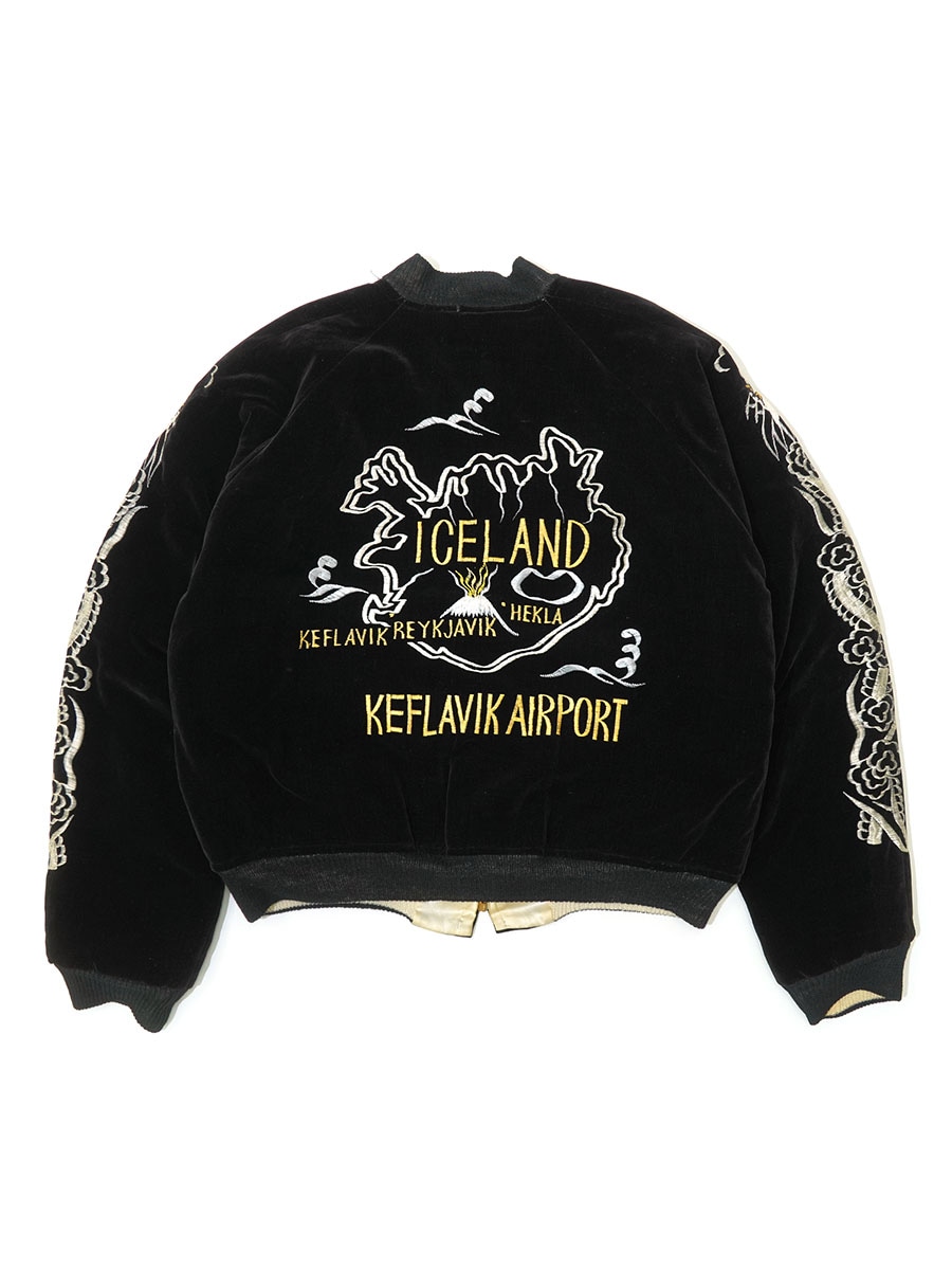 50's ''ICELAND KEFLAVIK AIRPORT'' 袖龍 黒別珍スカジャン 表記(S