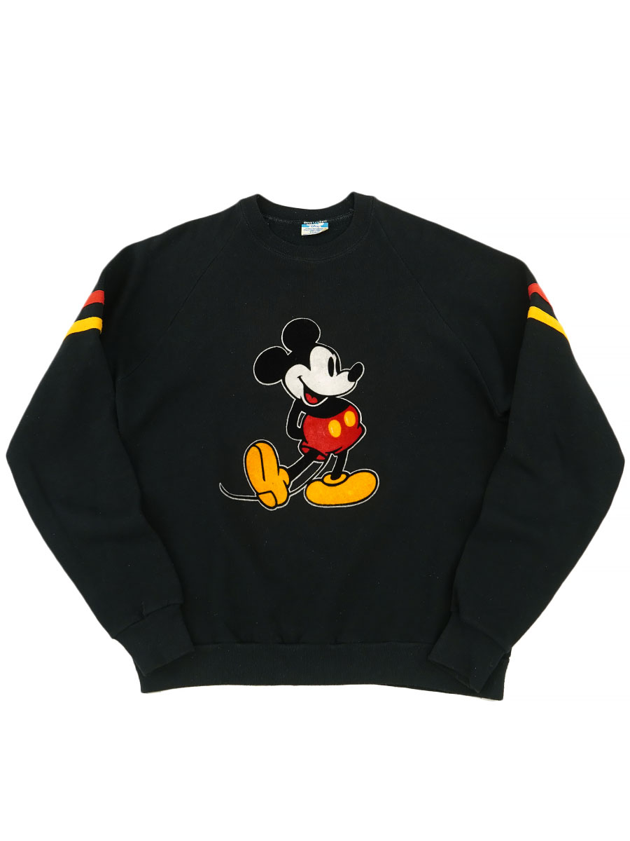 80's Disney ミッキーマウス フェルトプリント 袖ライン スウェット