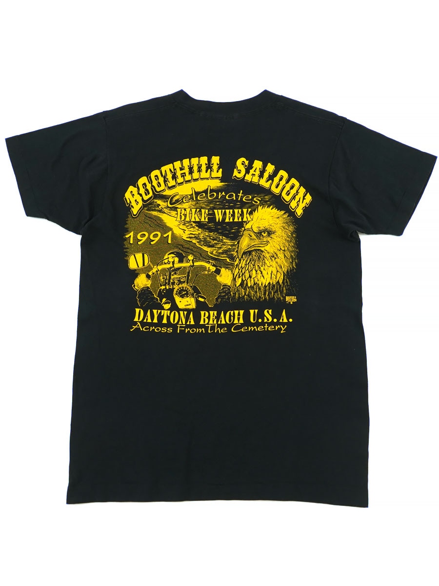 90's FRUIT OF THE LOOM ''BOOTHILL SALOON BIKE WEEK 1991''' 両面プリント ポケットTシャツ 表記(M)