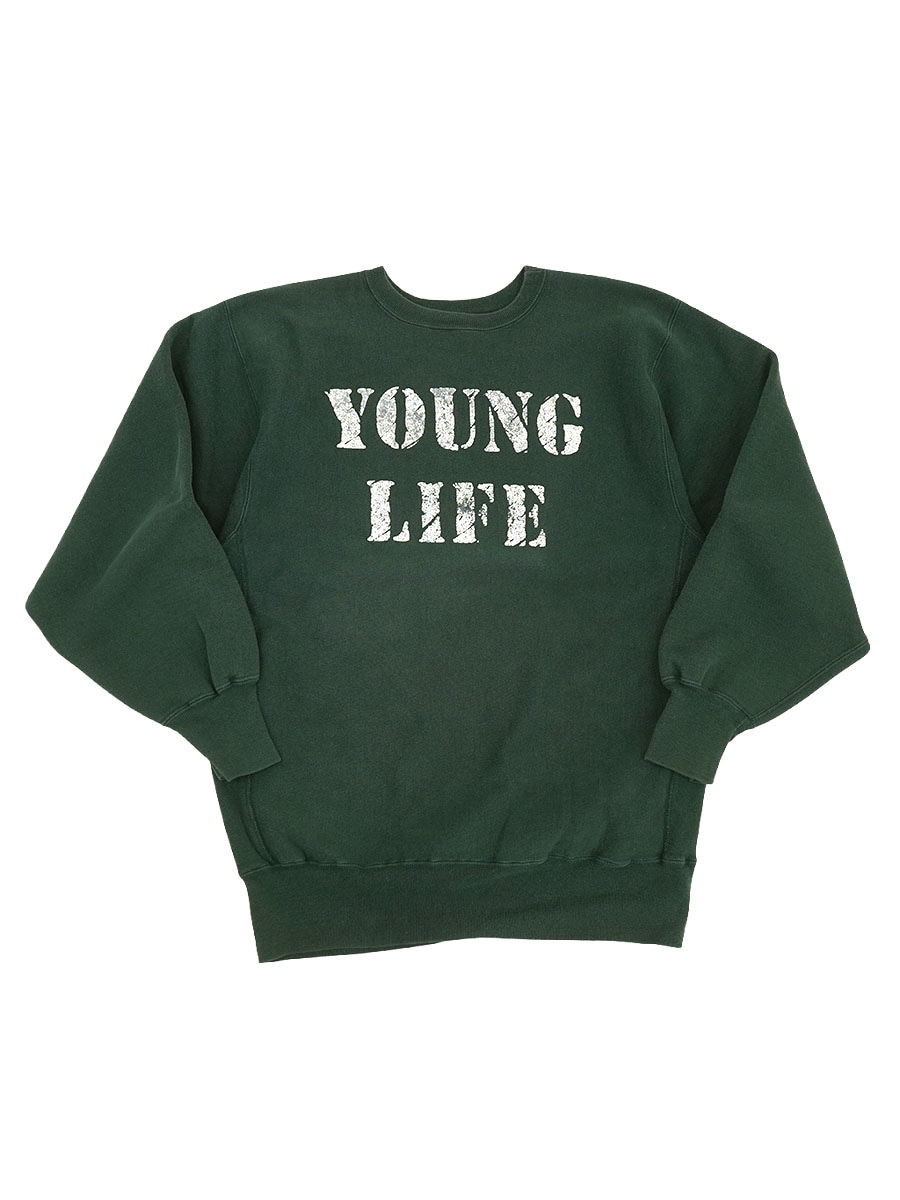 90's 刺繍タグ チャンピオン RWクルー ''YOUNG LIFE'' グリーン 表記(XXL) USA製