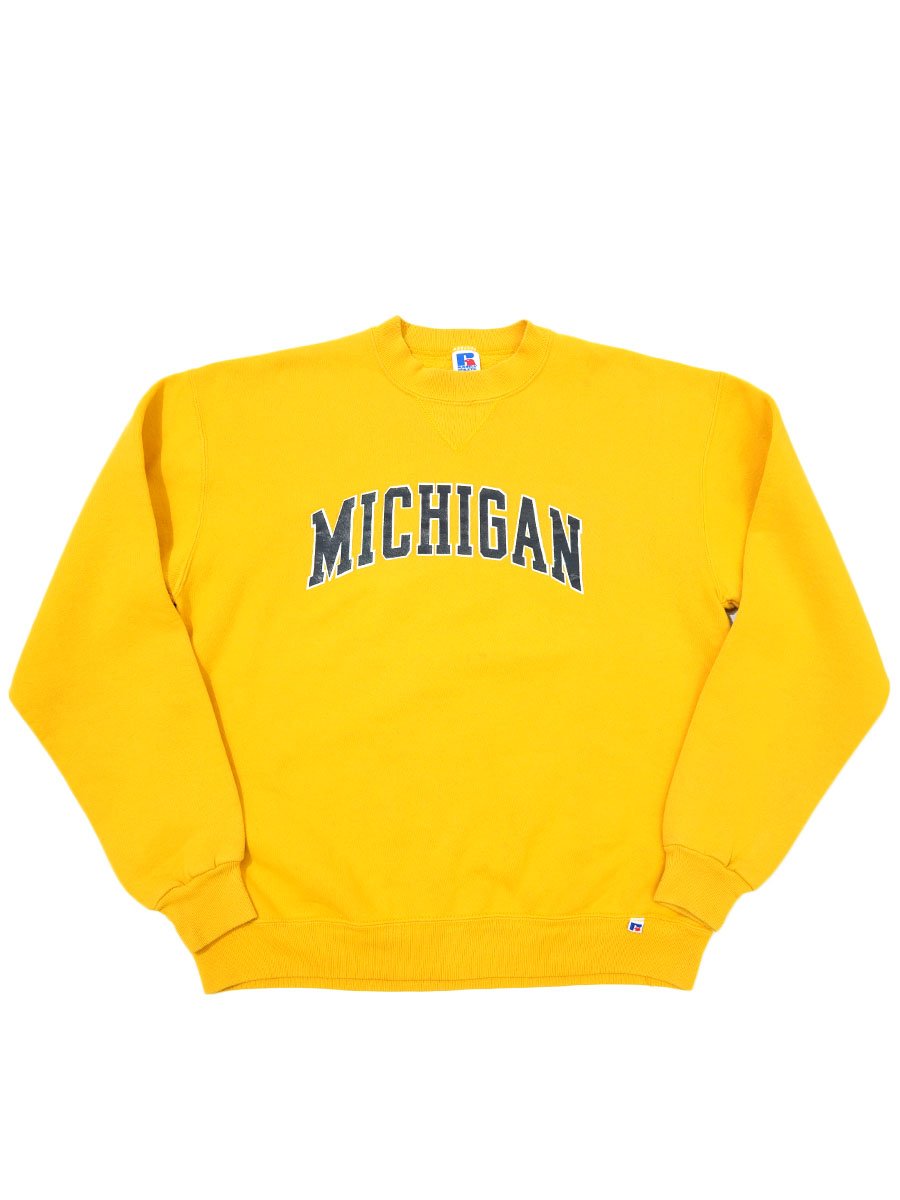 80s ラッセル スウェット イエロー XL USA製 フットボール ビンテージ 80's RUSSELL ATHLETIC ''MICHIGAN'' 前Vスウェット イエロー 表記(L