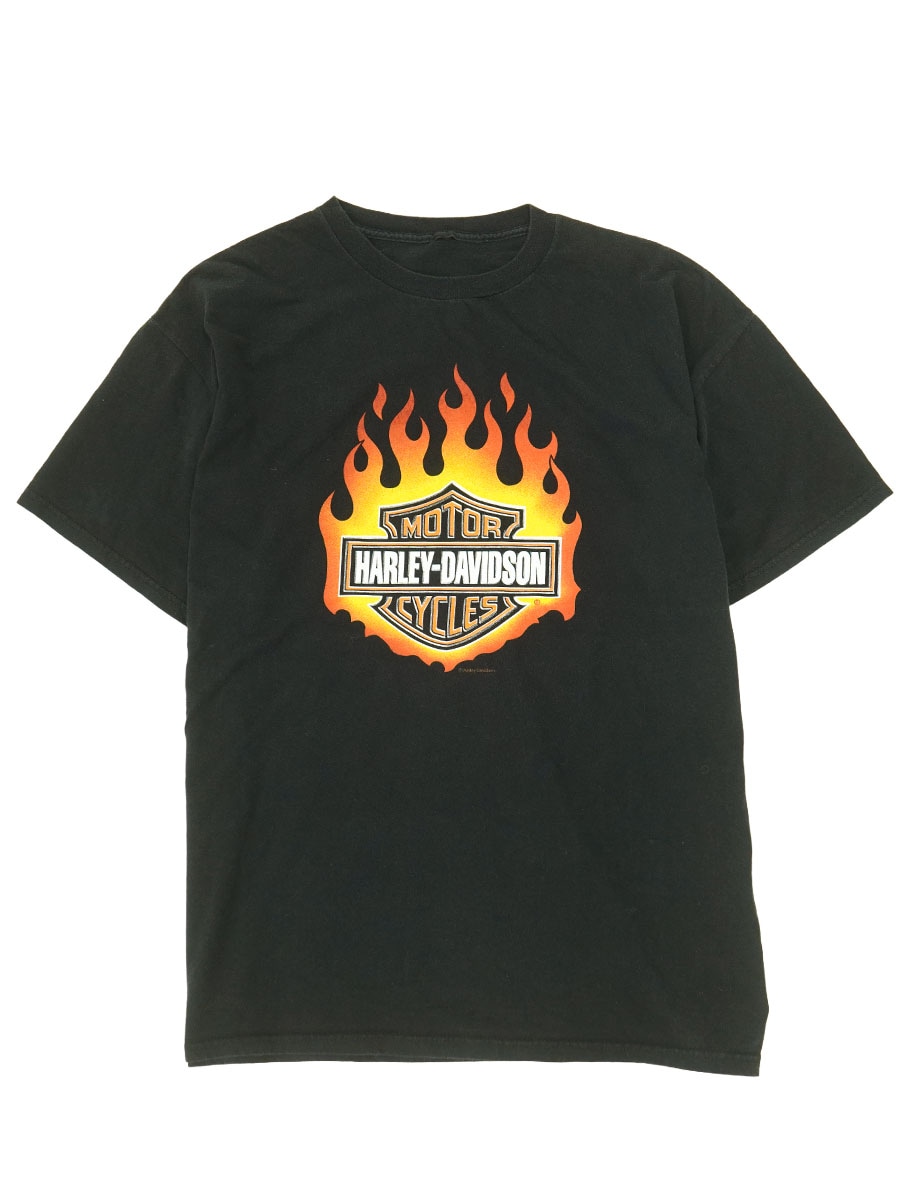07s Harley-Davidson Tシャツ ブラック 00's HARLEY-DAVIDSON ファイヤーロゴプリント Tシャツ ブラック 実寸