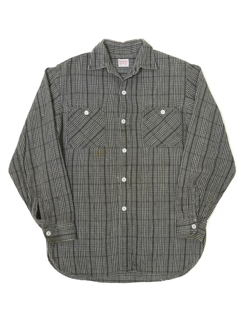 60's PENNEY'S ブラック/グレー チェック 皿ボタン マチ付き フランネルシャツ 表記(S)