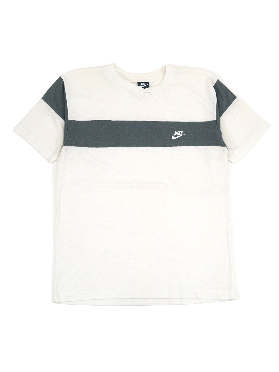 80's 紺タグ NIKE スウォッシュロゴ 白灰ライン切り替え Tシャツ 表記(L) USA製
