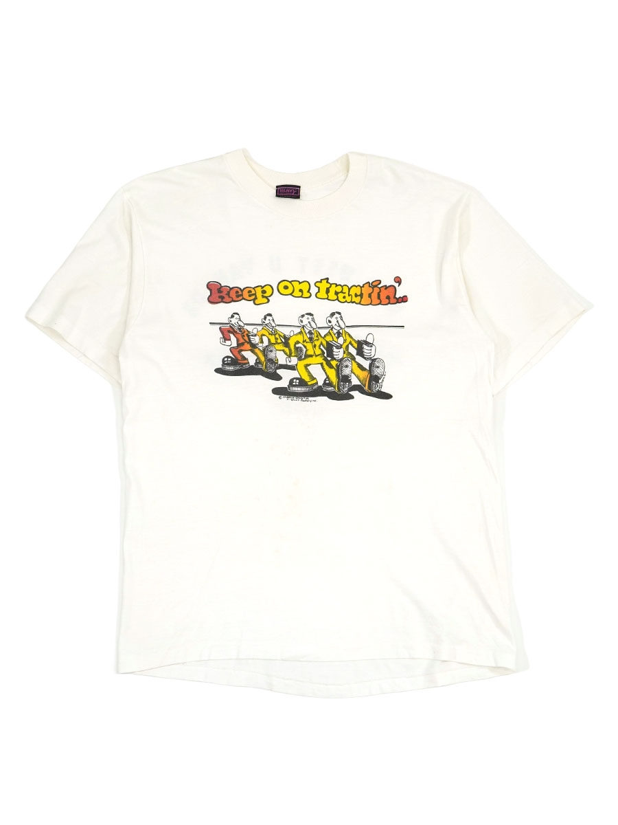 雰囲気最高‼︎ 70'S 両面染み込みプリントT シャツ ホワイト 70's～ HEAVY ''Keep on Tractin'..'' パロディ両面プリント Tシャツ