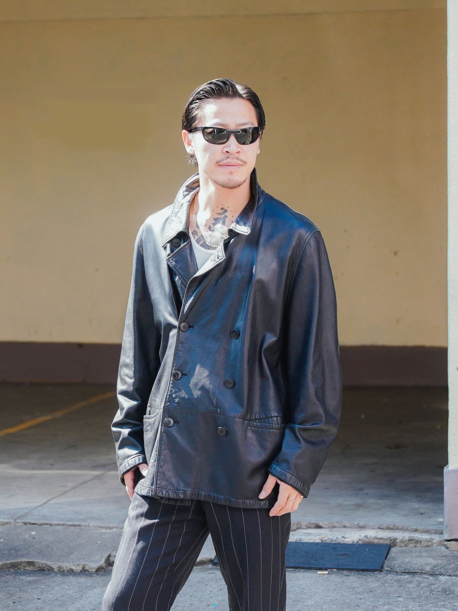 90's GIORGIO ARMANI 黒タグ レザーPコート MADE IN ITALY 表記(56
