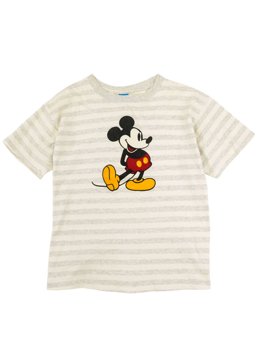 80's DISNEY ミッキーマウス フェルトプリント ボーダーTシャツ グレー×ホワイト 表記(L/X-L) USA製